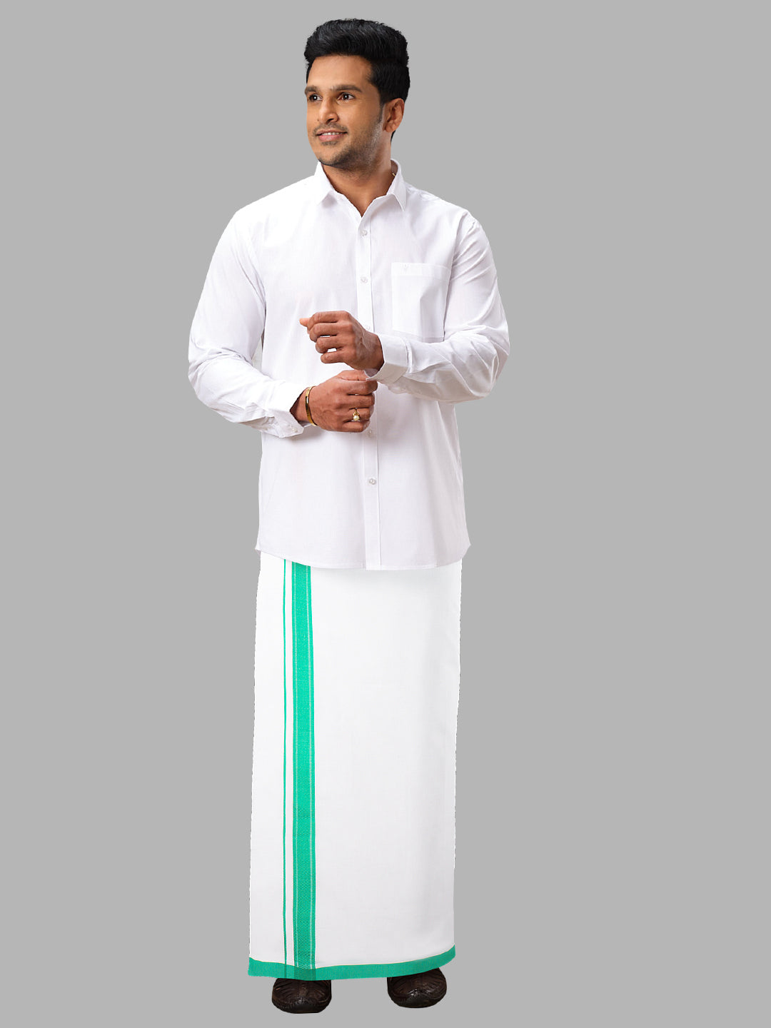 Men Green Adjustable Pocket Dhoti with Fancy Border GACF07