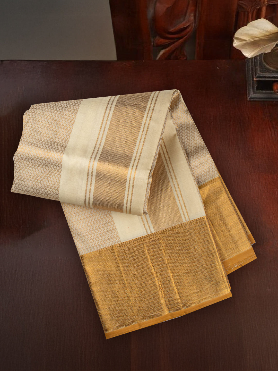 Men Premium Pure Silk Cream Dhoti & Towel Set with 6" inch Gold Jari Border Amirtham AM18