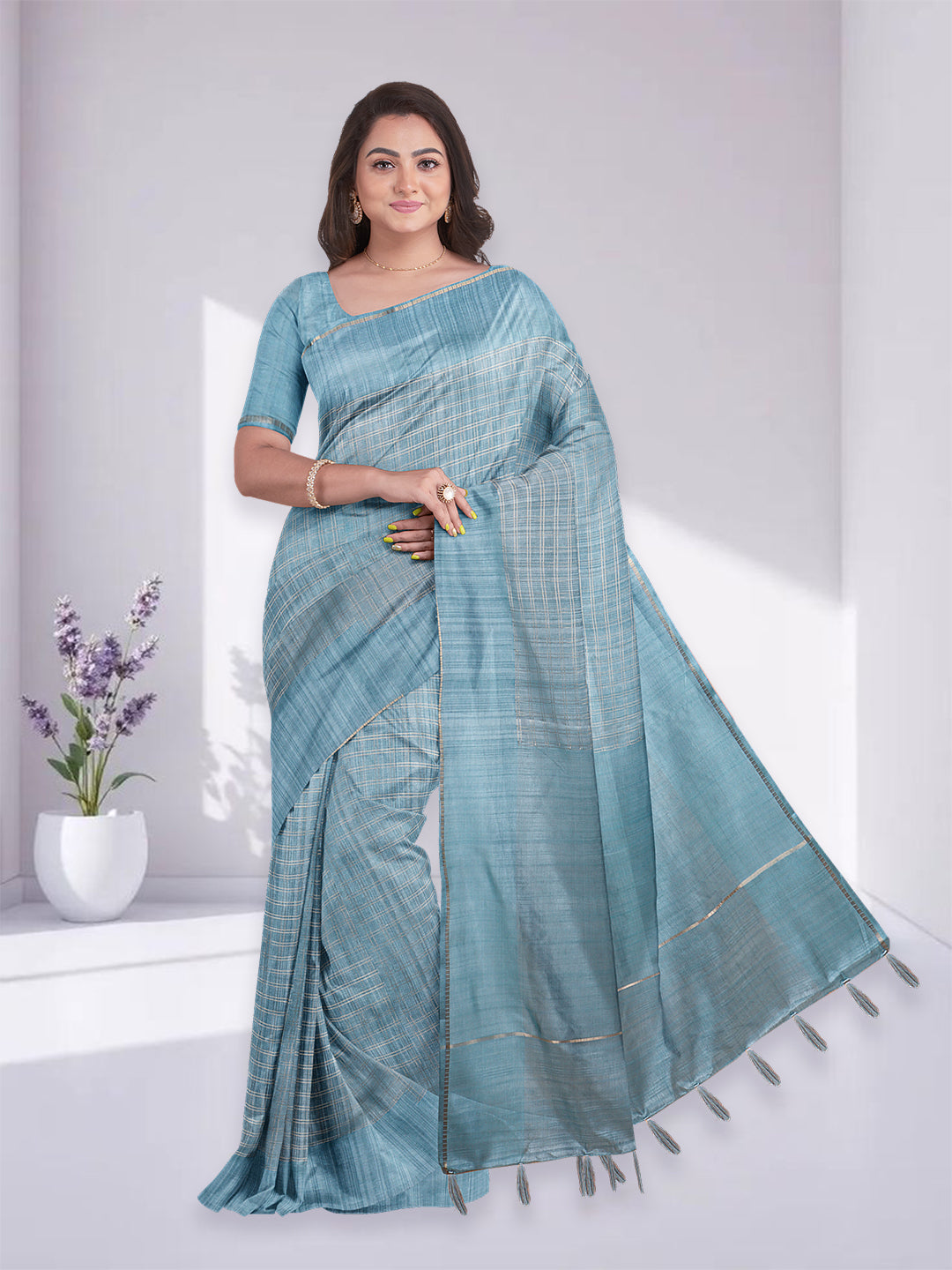 Women Blue Semi Tussar Checks Saree ST272