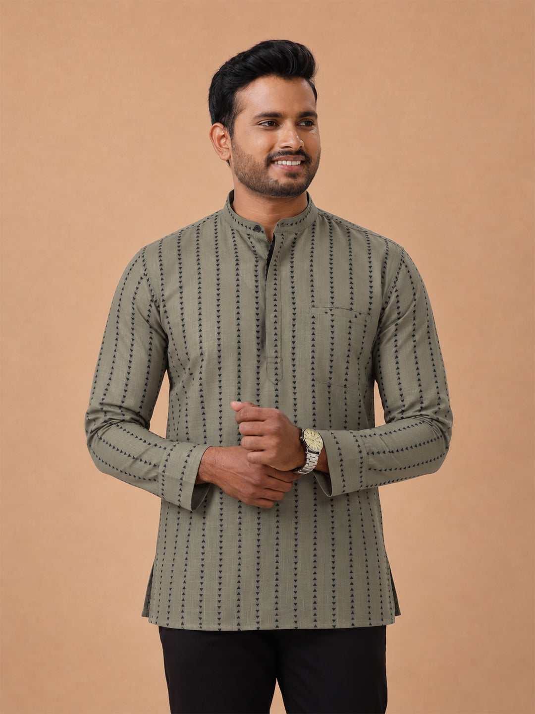 Cotton Short Length Self Design Pocket Kurta Beige Grey RJ48