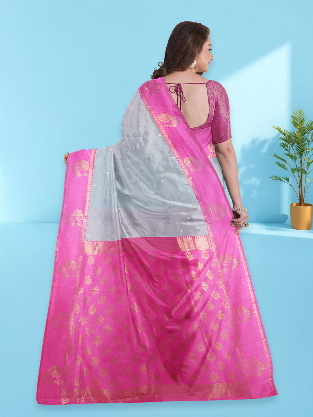 Couple Combo Shirt & Dhoti Set with Saree Silver Grey ASS95