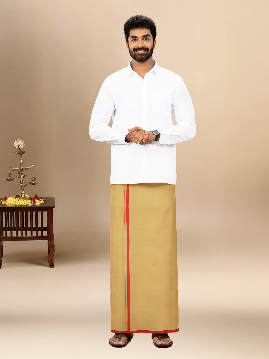 Men 100% Cotton Single Layer Kakki Dhoti with Big Border Poojan