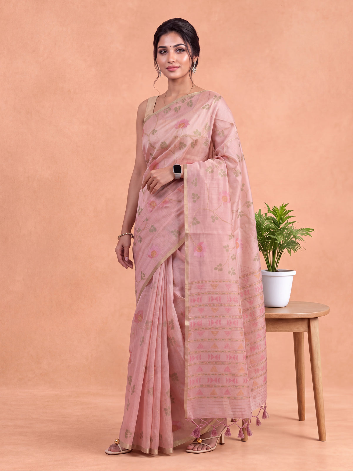 Women Spun Poly Pink Saree SP24