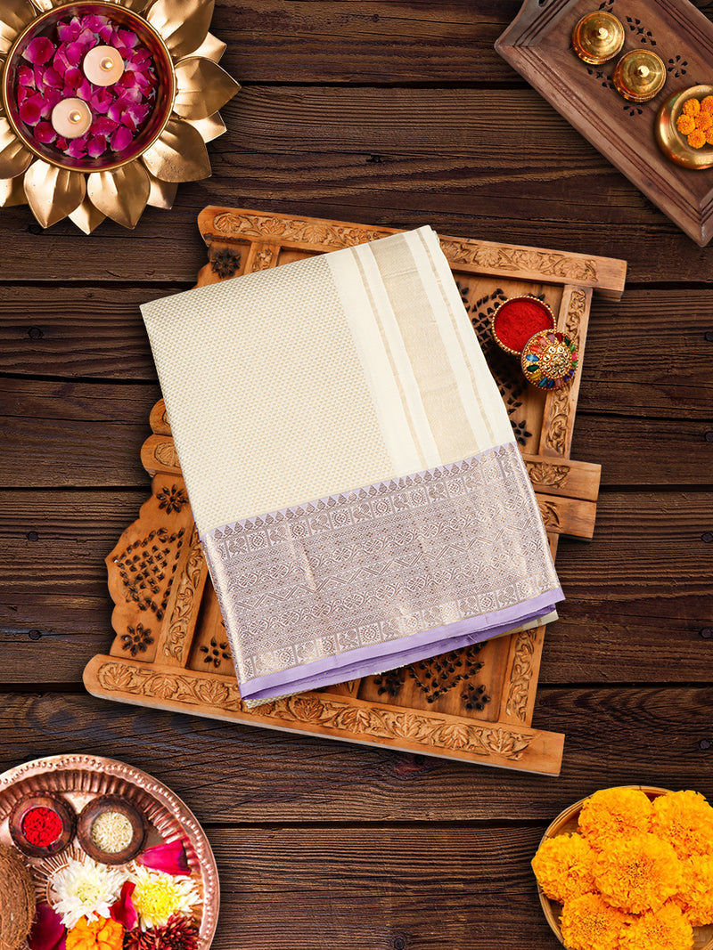 Premium Pure Silk Cream Tissue Dhoti With Angavastram 6" Jari Border Agarshanaa
