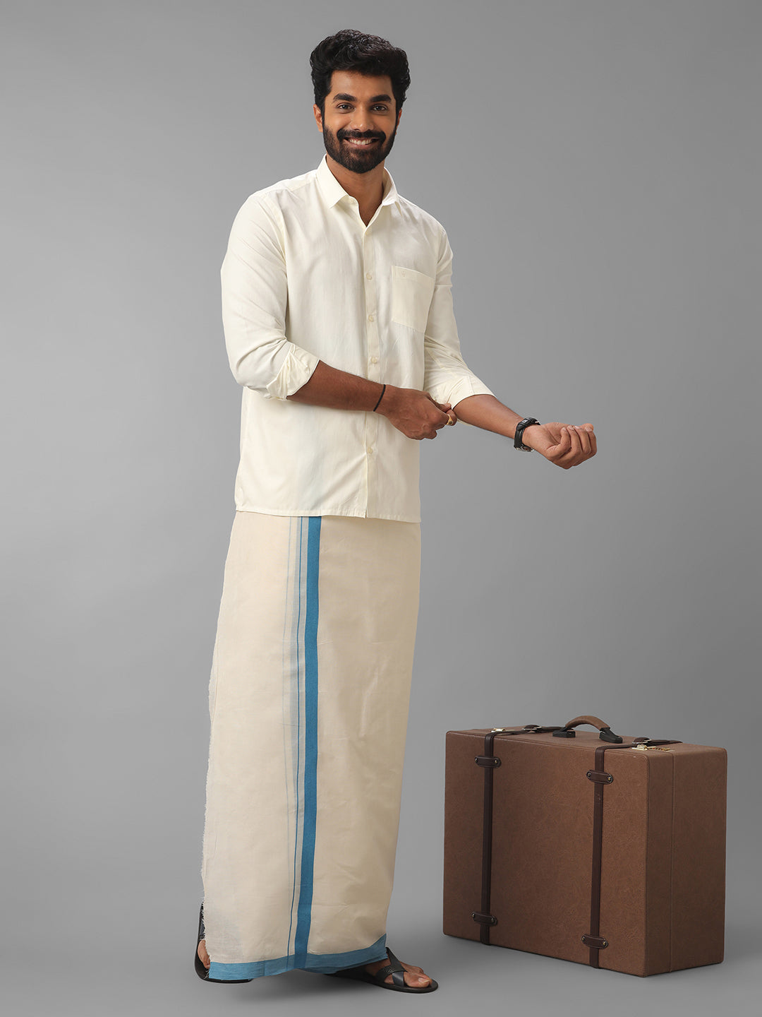 Men Blue Border Double Layer Kora Dhoti VKS03