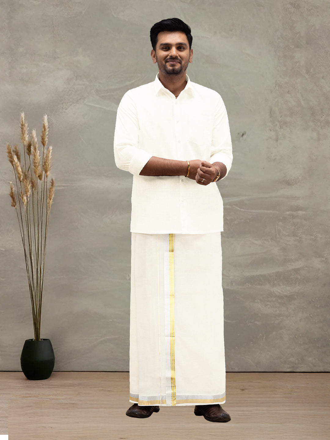 Men Kora Cotton Double Layer Dhoti with Gold & Silver Jari Border GC
