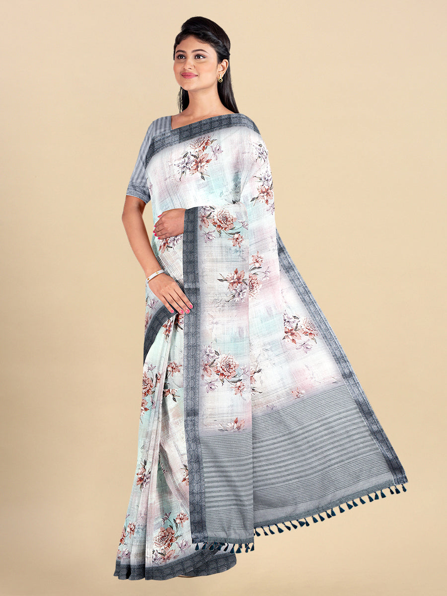 Womens Semi Cotton Grey Colour Printed Saree CPS26-Side view