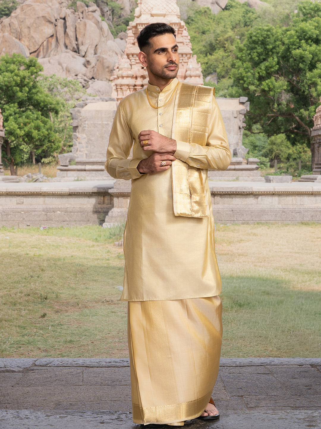 Premium Pure Silk 3" Fawn Wedding Dhoti & Towel Set – Virutcham