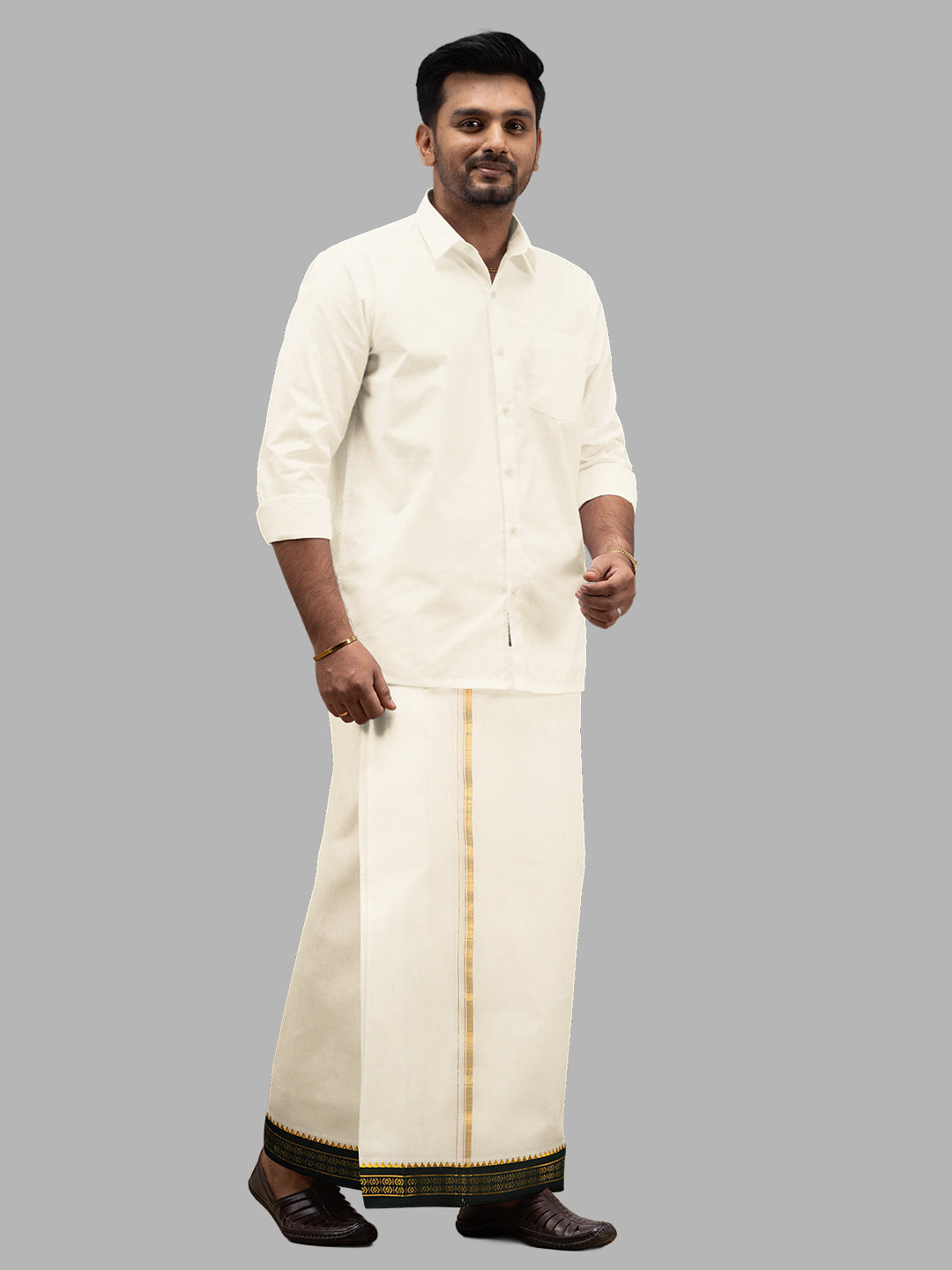 Men Mayilkhan Border Double Layer Devotional Kora Dhoti Cream