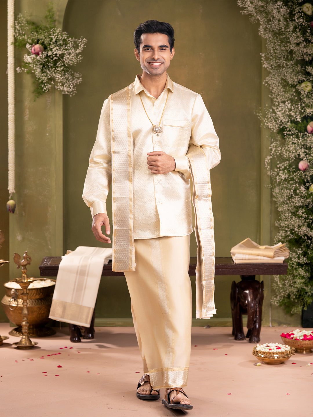 Pure Silk 4" Fawn Wedding Dhoti & Towel Set – Amirtham Gold-Silver Peacock Design
