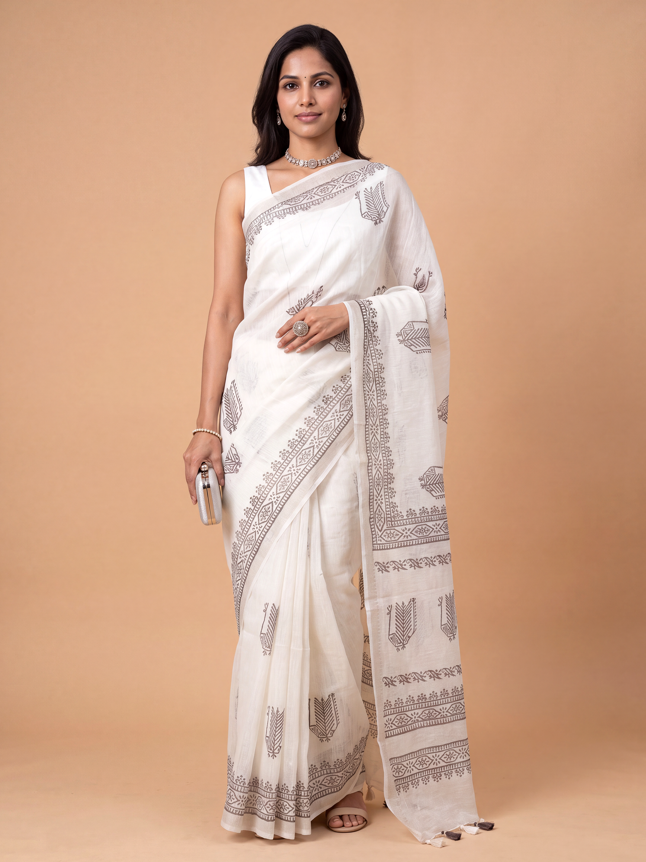 Women White Semi Chanderi Cotton Printed Saree SC84