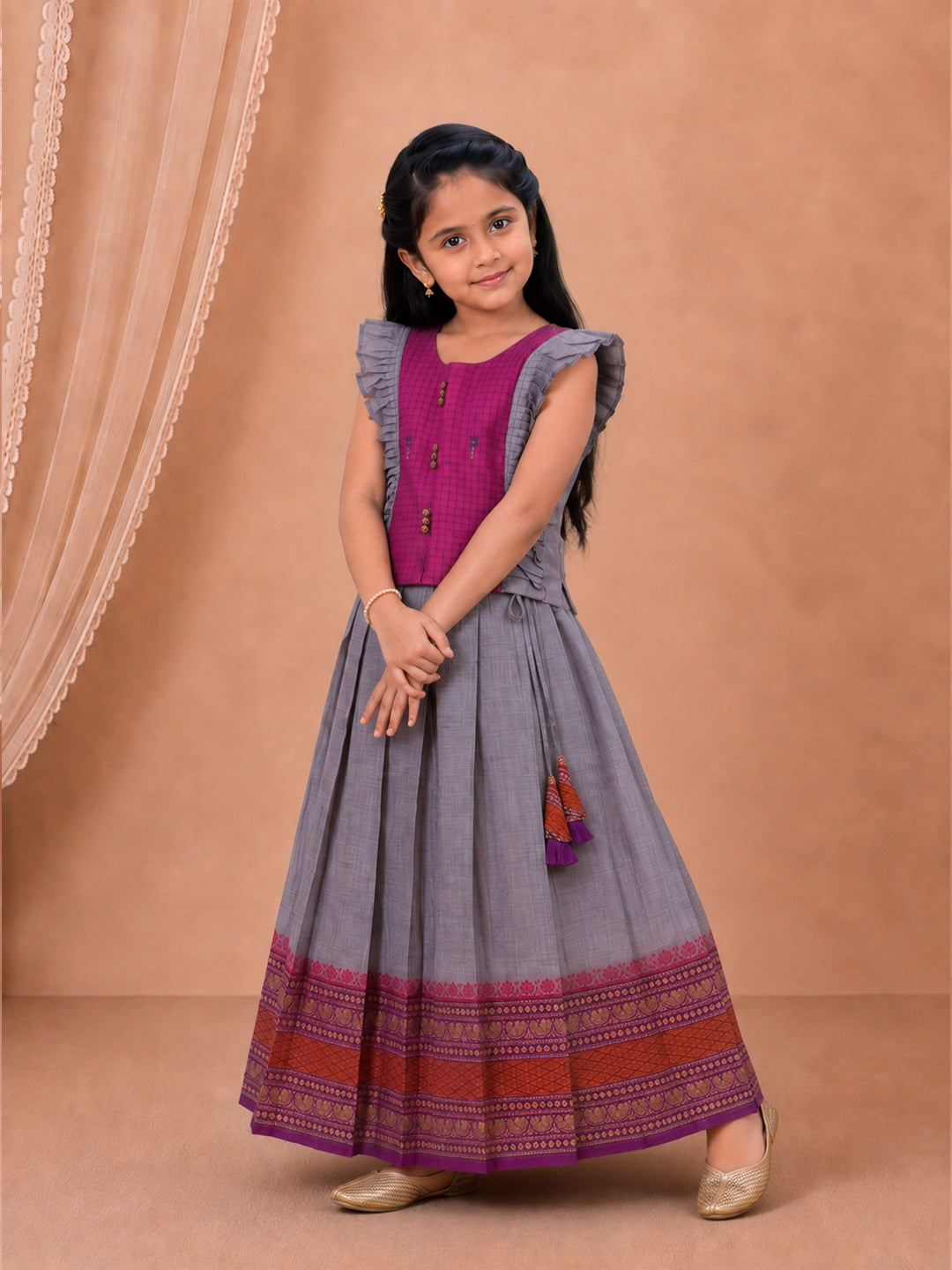 Girls Cotton Pink with Violet Pattu Pavadai Set GPS50