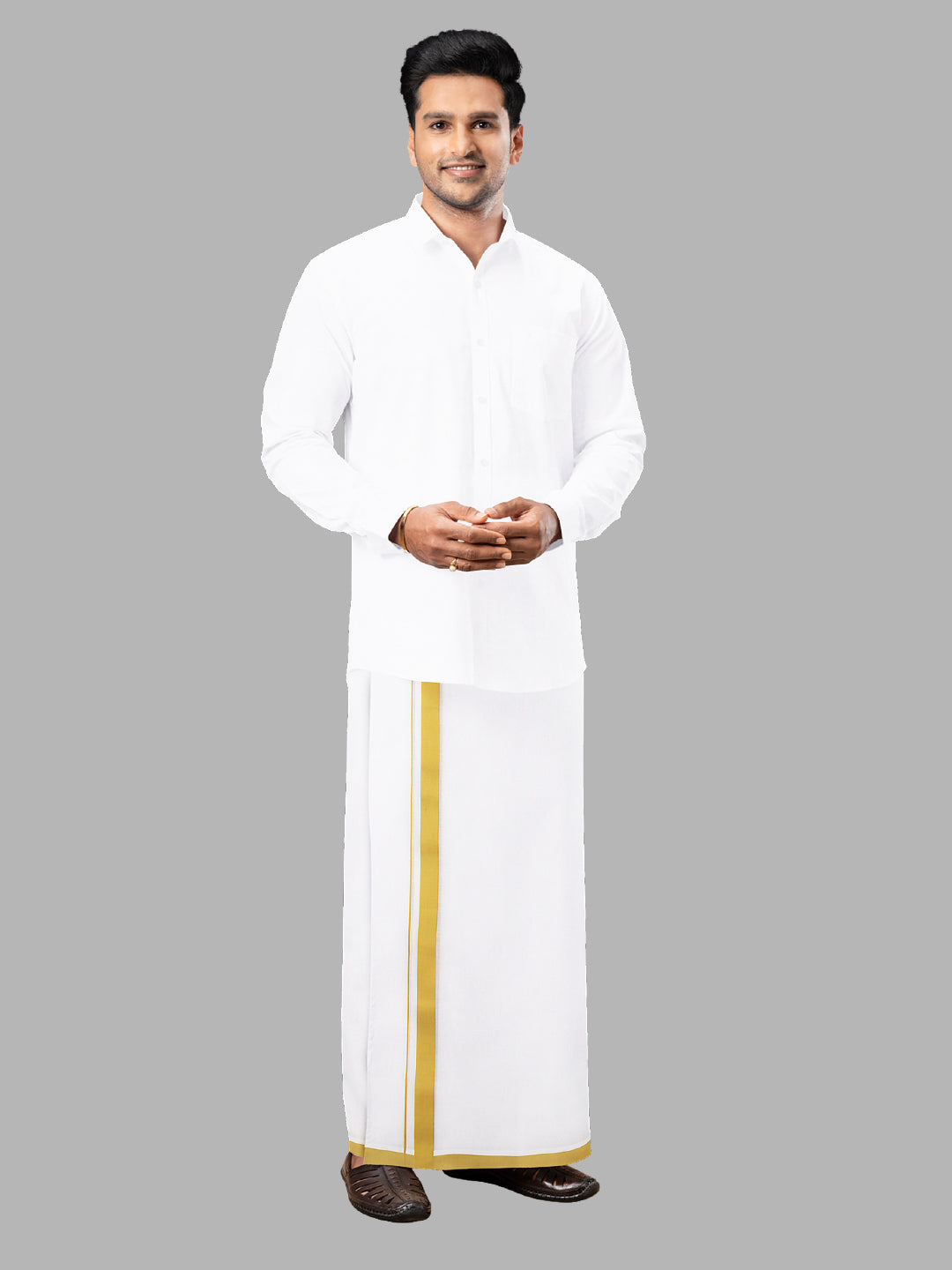 Men 100% Cotton Double Layer White Dhoti with Big Border RSL02