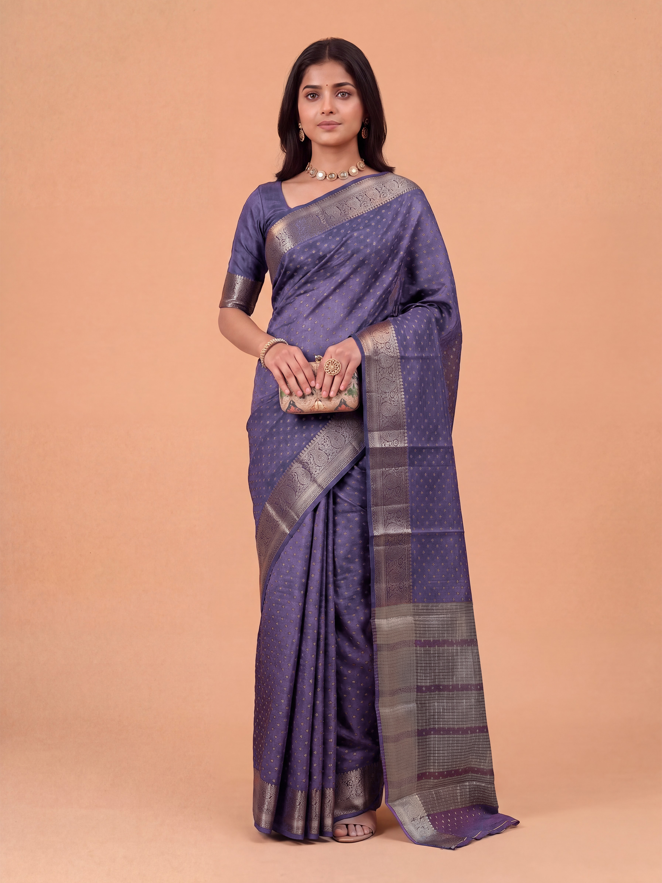 Women Semi Raw Silk Matte Purple Saree SRS121