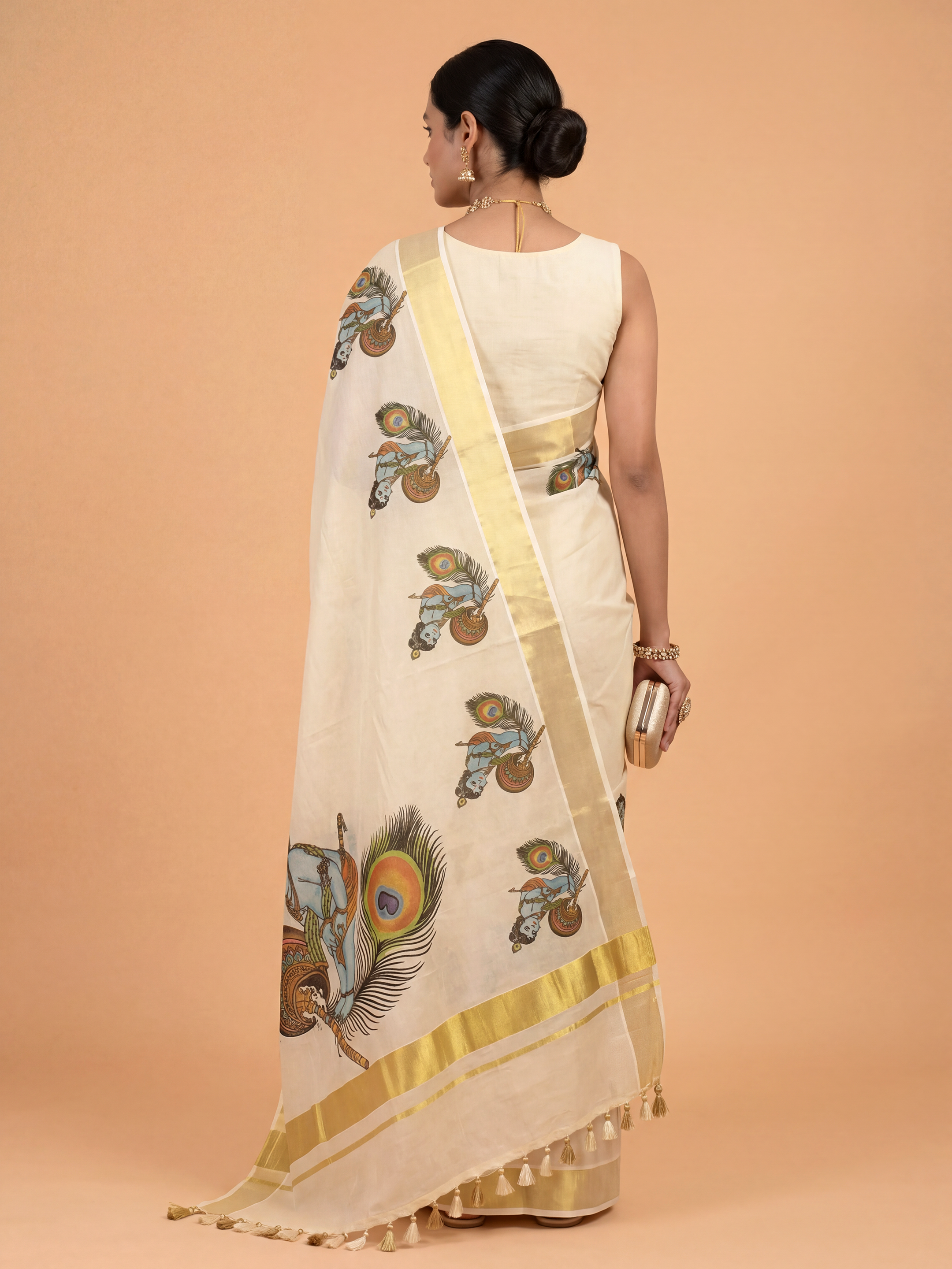Women Tissue Cream Krishna Printed Kerala Saree KLS28