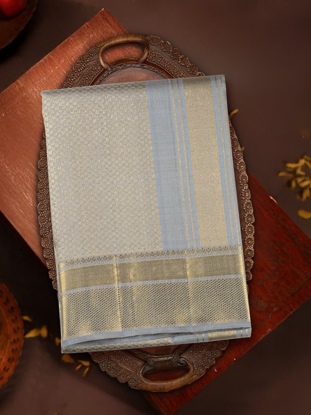 Men Premium Pure Silk Grey Dhoti & Towel Set with 6" inch Gold Jari Border Amirtham AM17