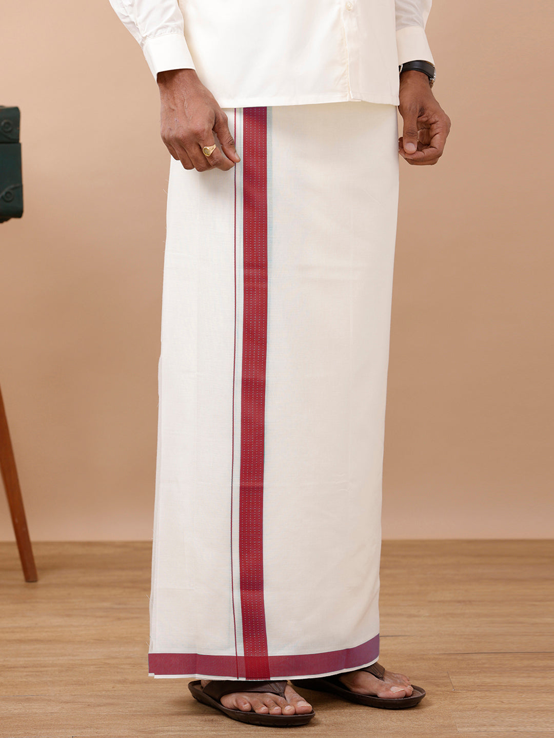 Men Red Fancy Border Double Layer Kora Dhoti VKF01