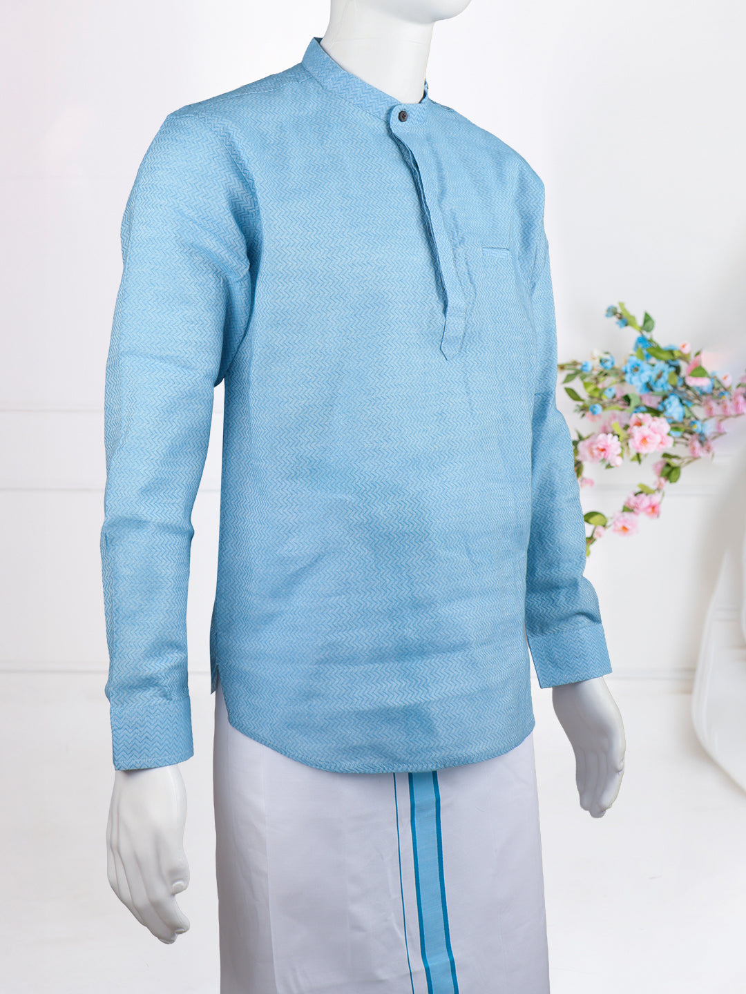 Men Blue Short Length Kurta with Matching Border Dhoti Set RJ46