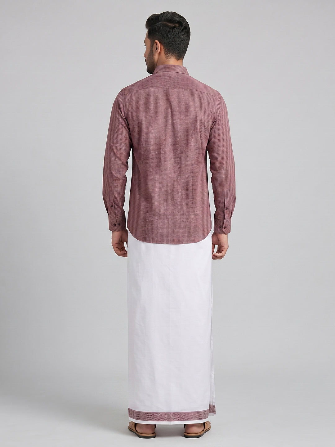 Men Purple Matching Border Dhoti With Printed Shirt Set Windsor HNJ4