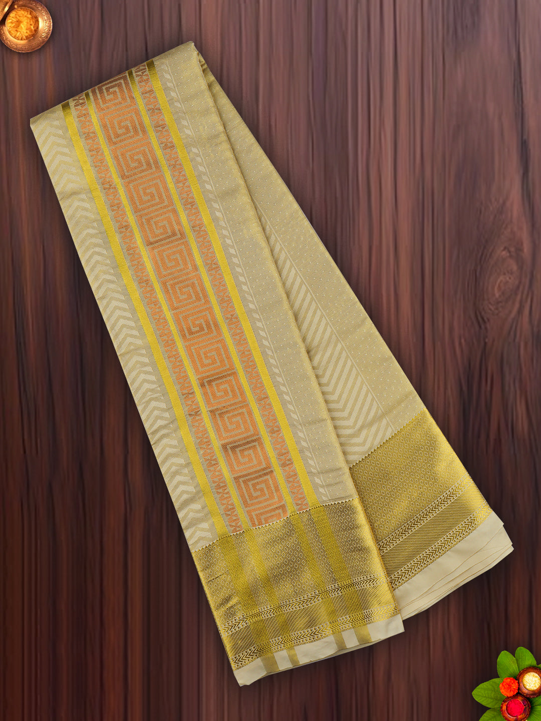 Mens Art Silk Dhoti & Shirting Set Gold Brahmotsavam