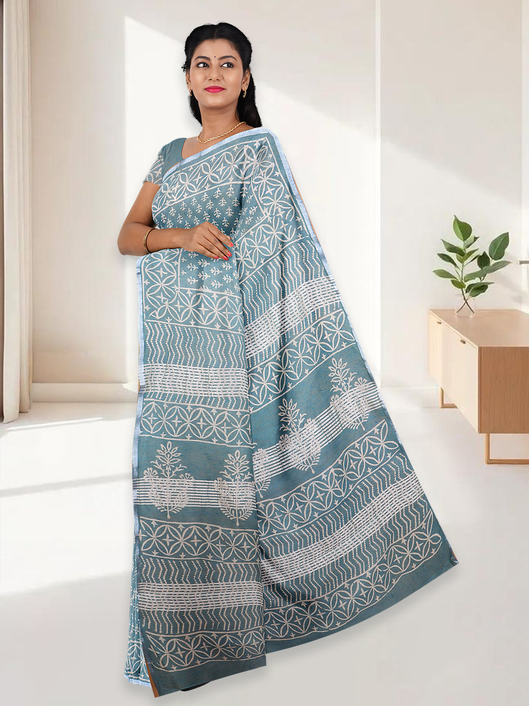 Women Teal Blue Semi Tussar Printed Saree ST304