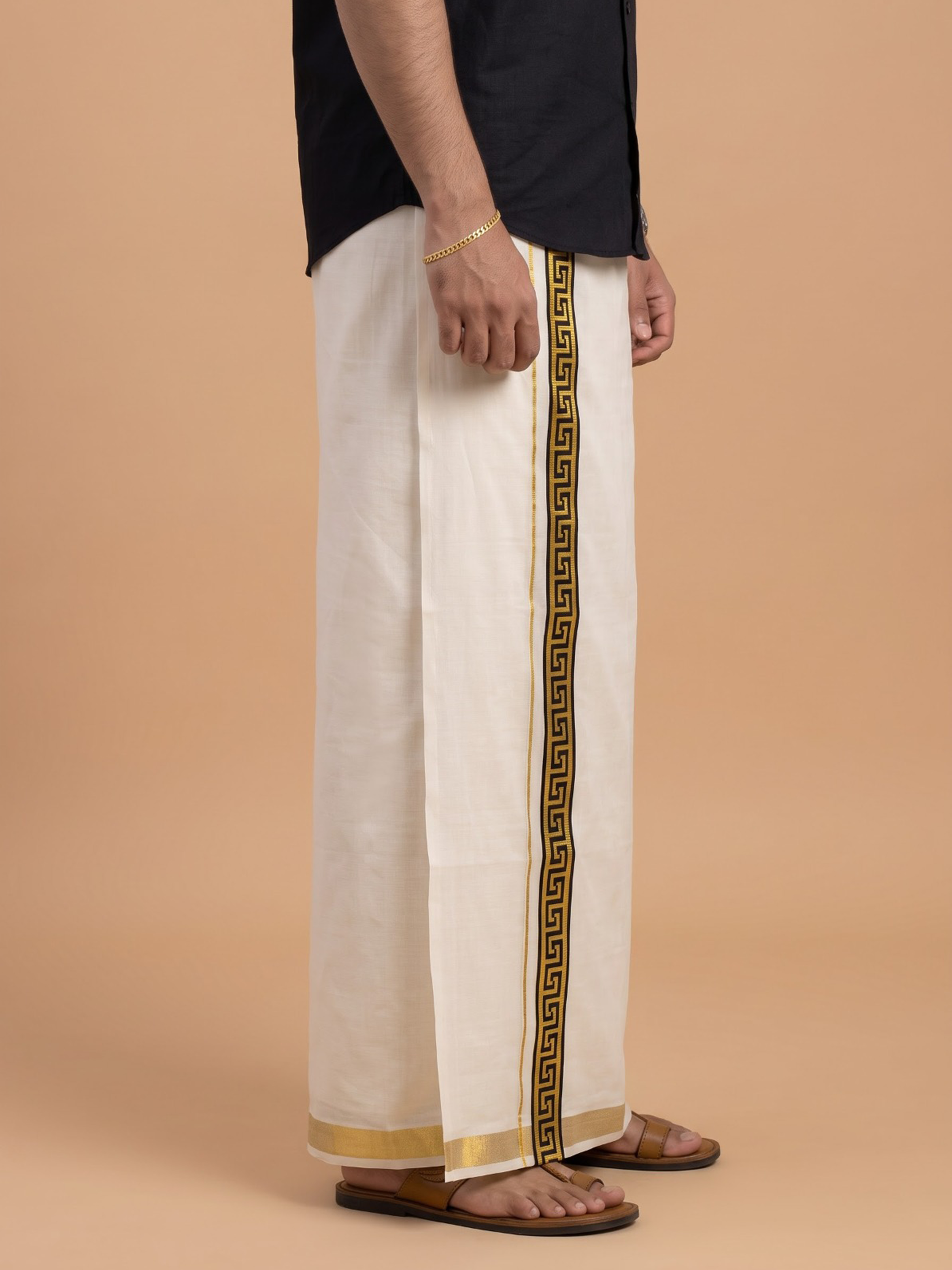 Double Layer Kora Cotton Cream Dhoti with Colour Border - HF Gold HFG01