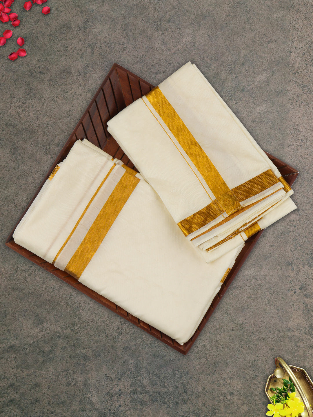 Men Gold Border Double Dhoti Sets Ishwaryam Embose