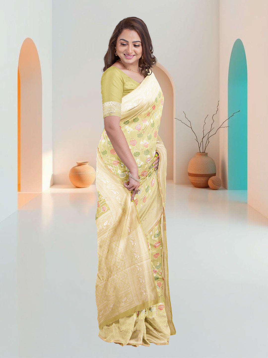 Women Yellow Art Silk Printed Saree ASS80