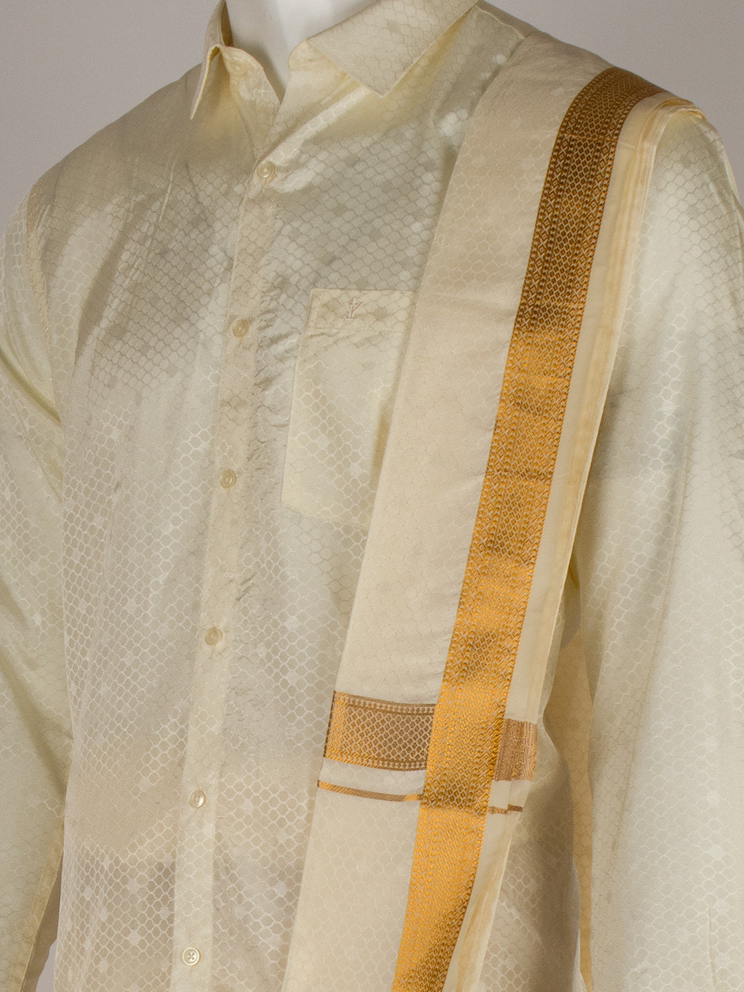 Men Art Silk Cream Self Design Shirt & Dhoti Towel Set Parinayam Grand CRJD3
