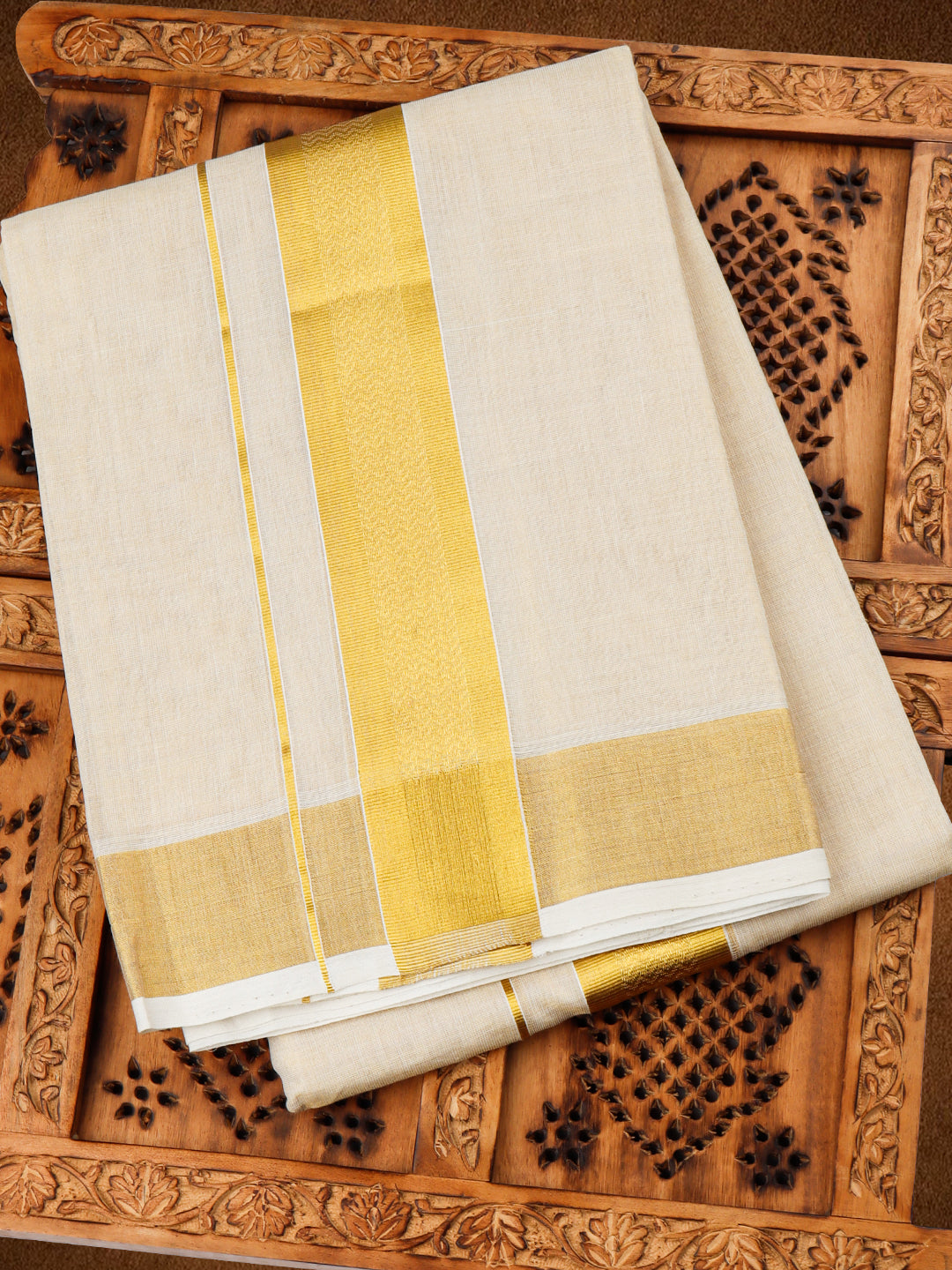 Mens Premium Handloom Tissue Double Dhoti with Gold Jari Border 110034