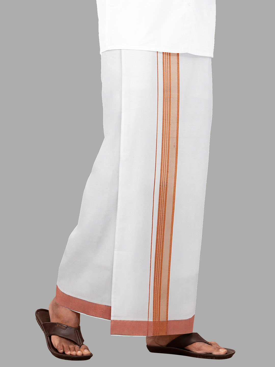 Men White with Copper Fancy Jari Border Single Layer Dhoti Gen Trend