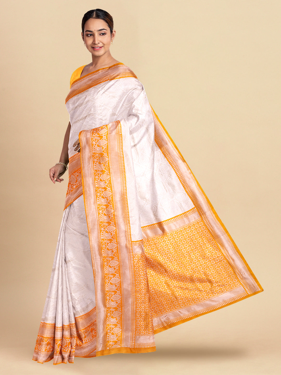 Women Off White with Mango Yellow Colour Stylish Art Silk Fancy Jari Border Saree SS97