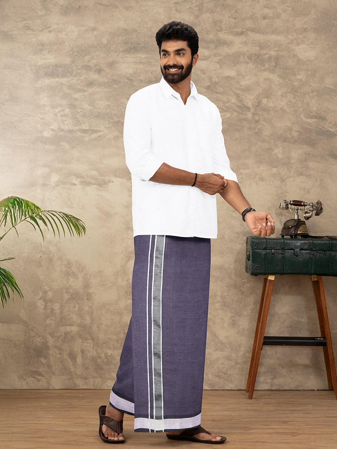 Men Cotton Blend Single Layer Lavender Dhoti with Fancy Border CD10