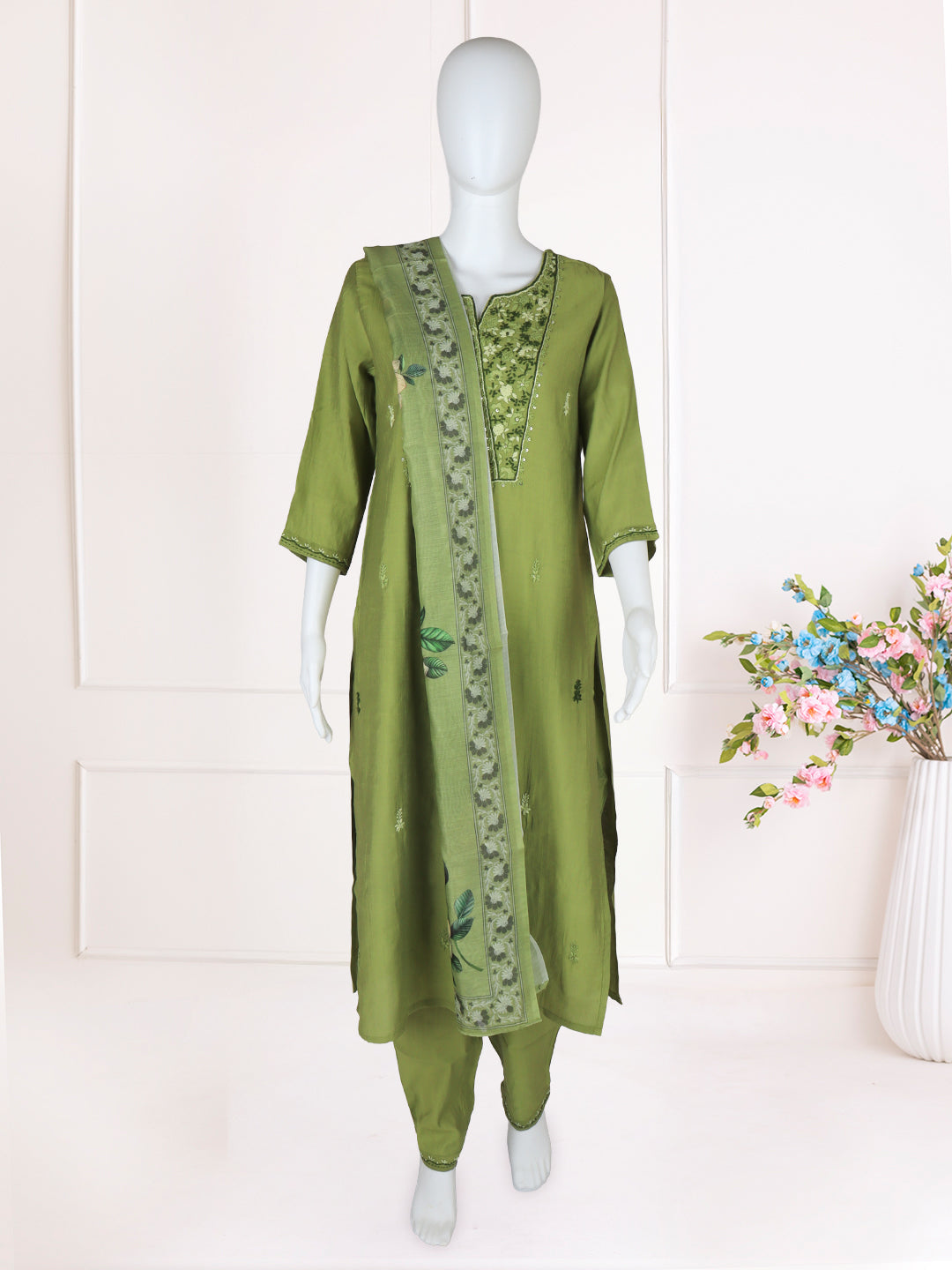 Women Silky Crush Embroidered Kurti Set Green EKS90