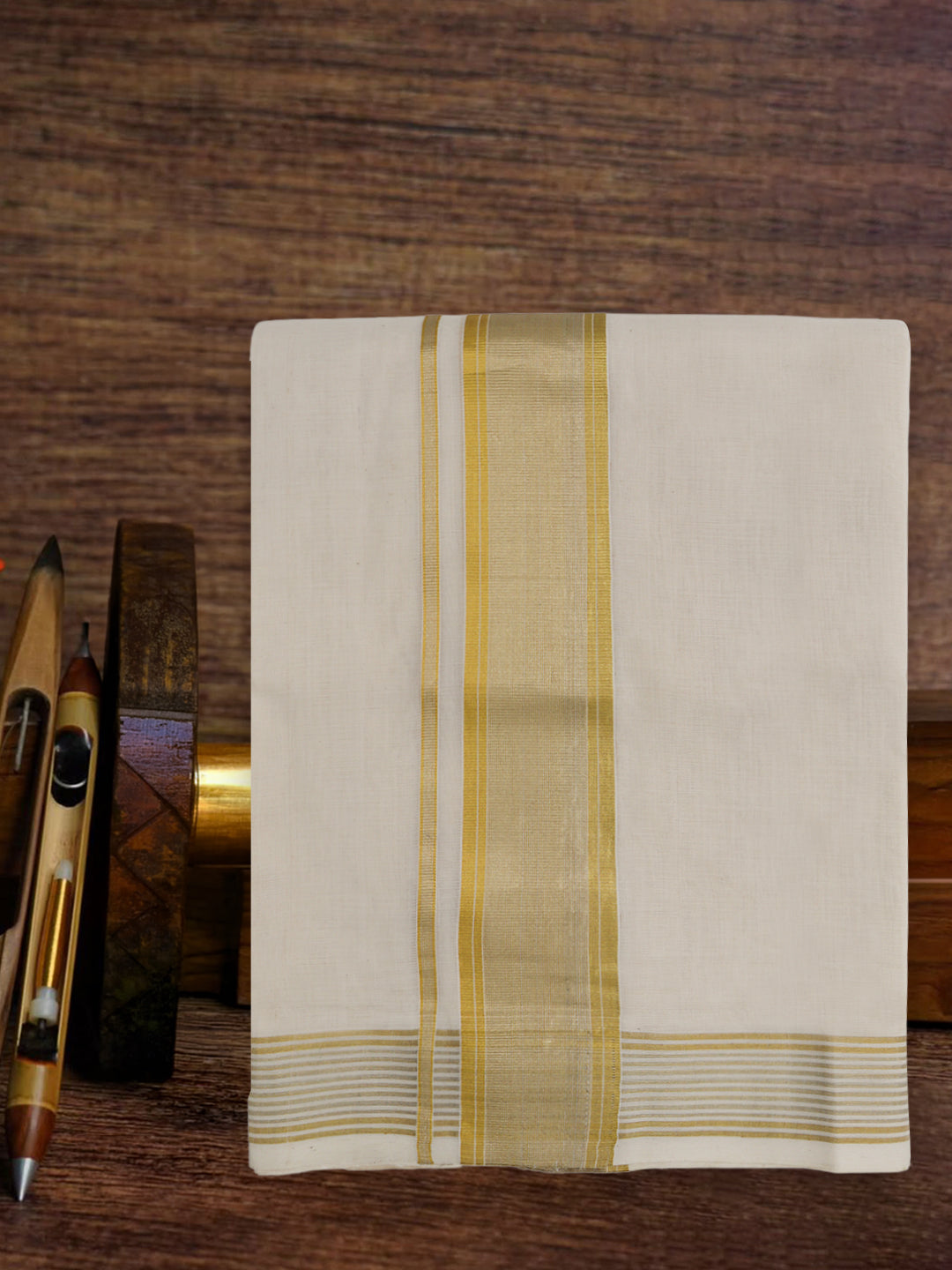 Men Premium Handloom Cream Dhoti with Gold Jari Border HLM92