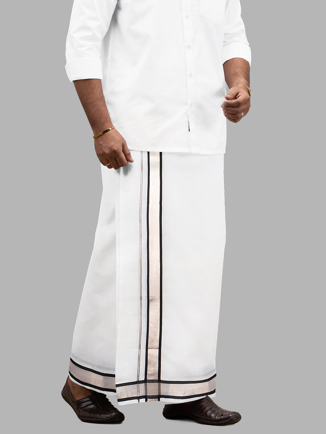 Men 100% Cotton Double Layer White Dhoti with Fancy Jari Border