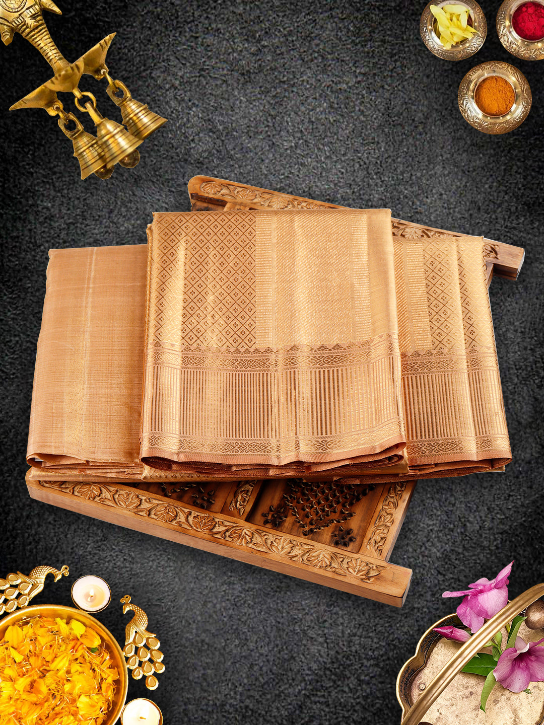Mens Premium Pure Silk Copper Colour Shirting with 5" Pure Gold Jari Dhoti & Angavasthram Set Rajadharbar-View one