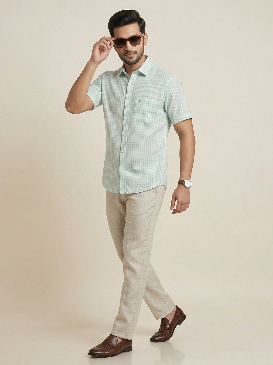 Men Pure Linen Checked Shirt Blue LS147