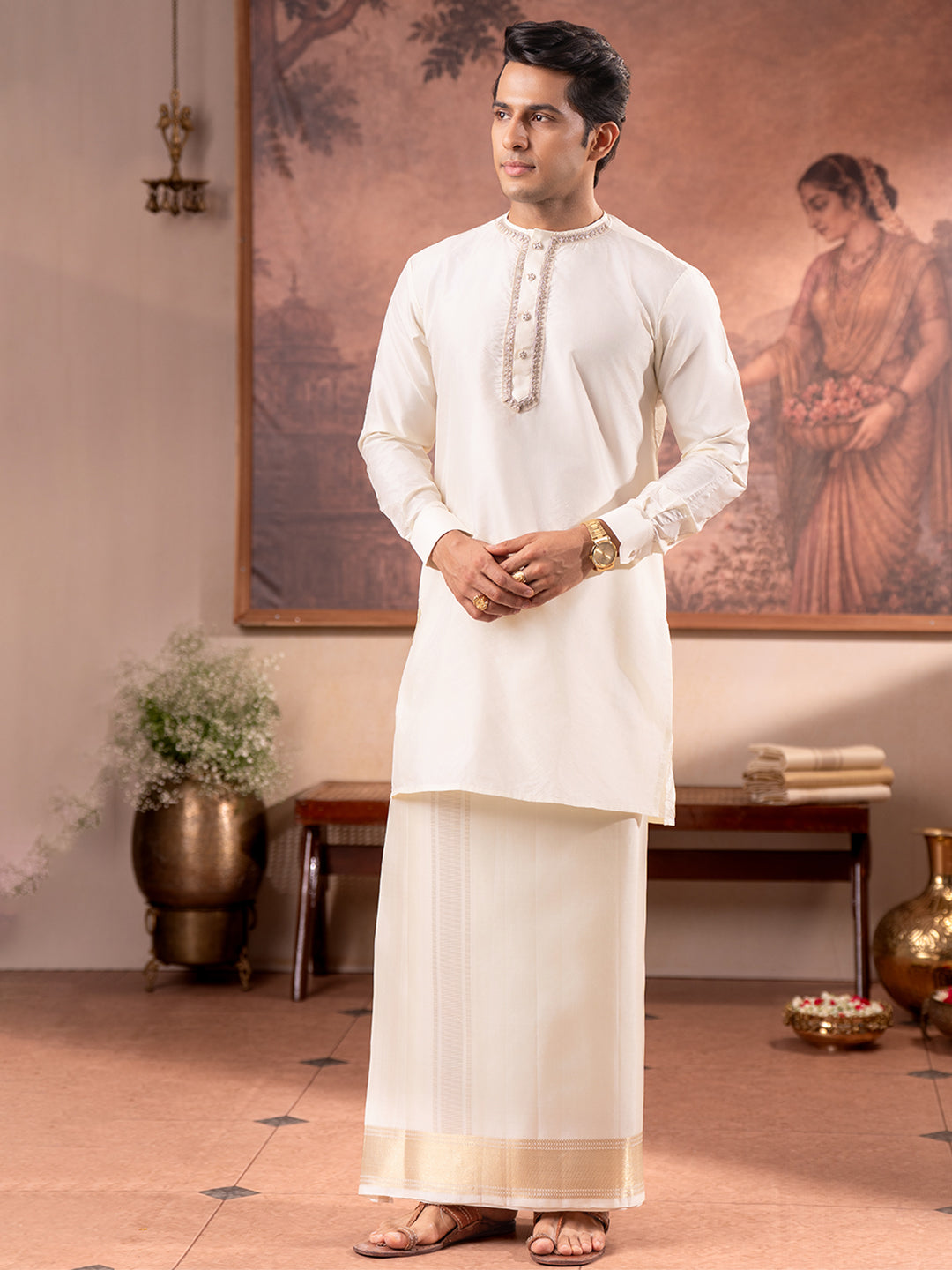 Pure Silk Cream Wedding Dhoti & Towel Set with 4" Jari Border – Virutcham