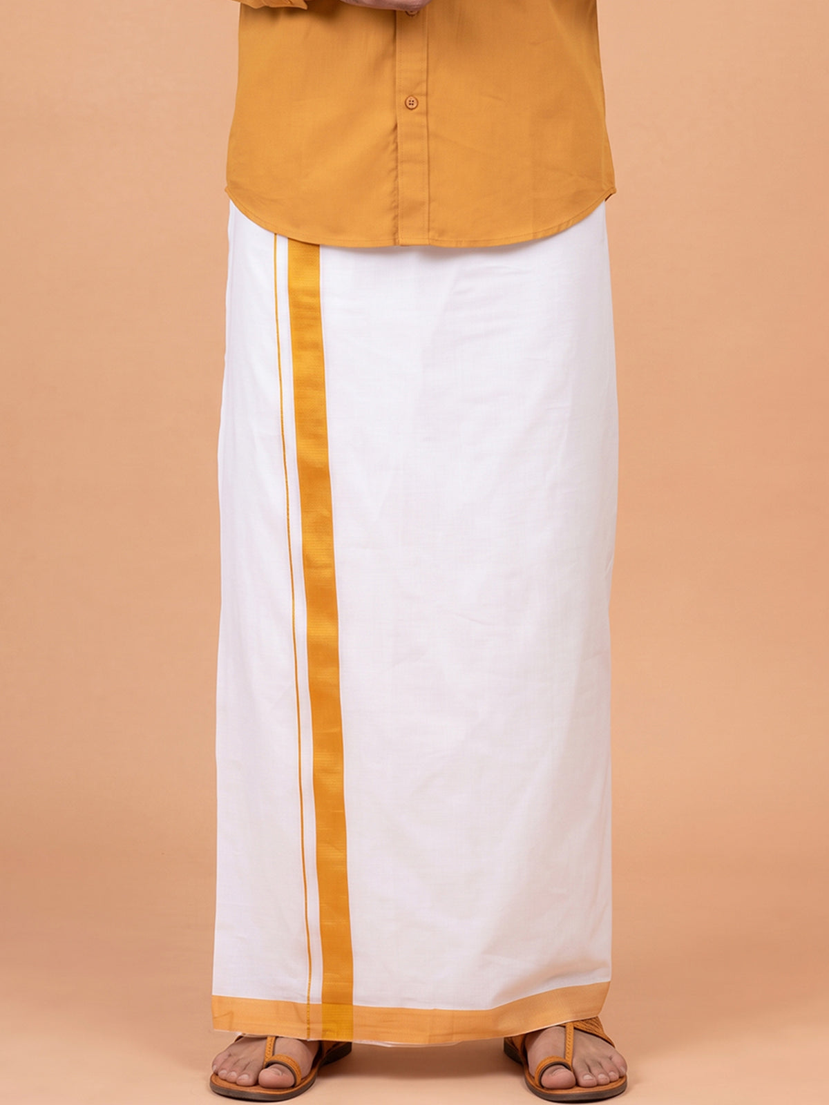 Double Layer 100% Cotton White Dhoti With Mustard Border - RS08