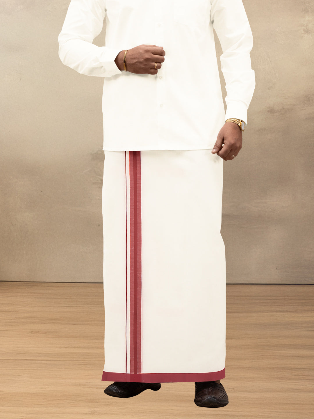 Men Kora Cotton Double Layer Dhoti with Red Fancy Border VKF08