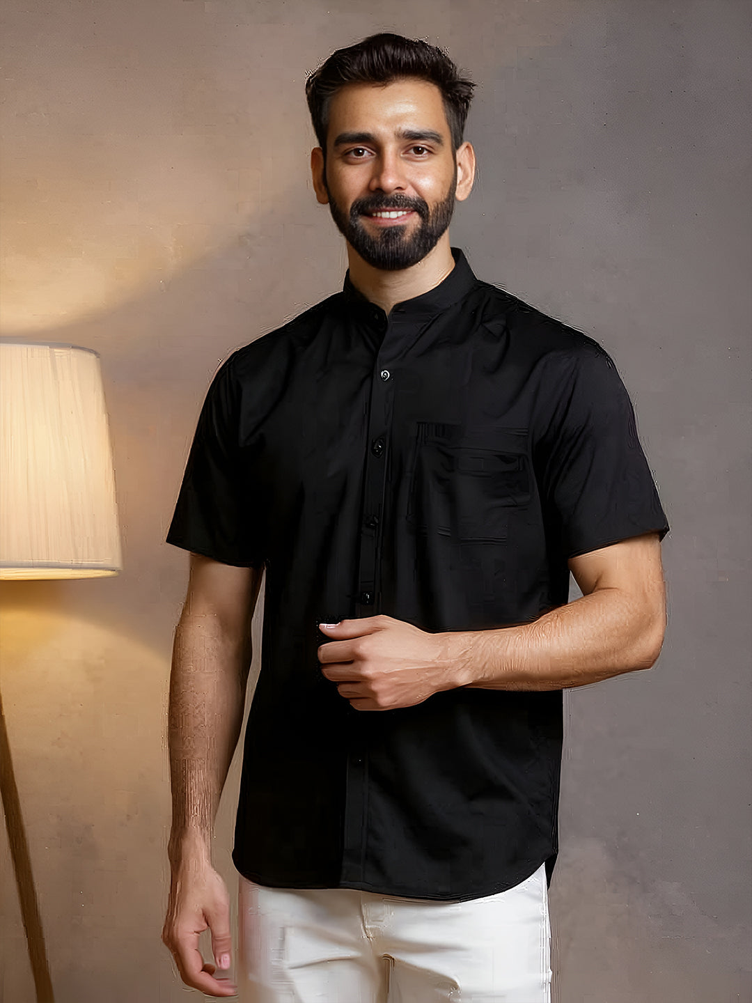 Men Cotton Rich Chinese Collar Shirt Culture Club Black