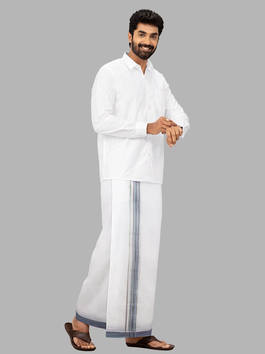 Men Fancy Jari Border Double Layer White Dhoti PJF5