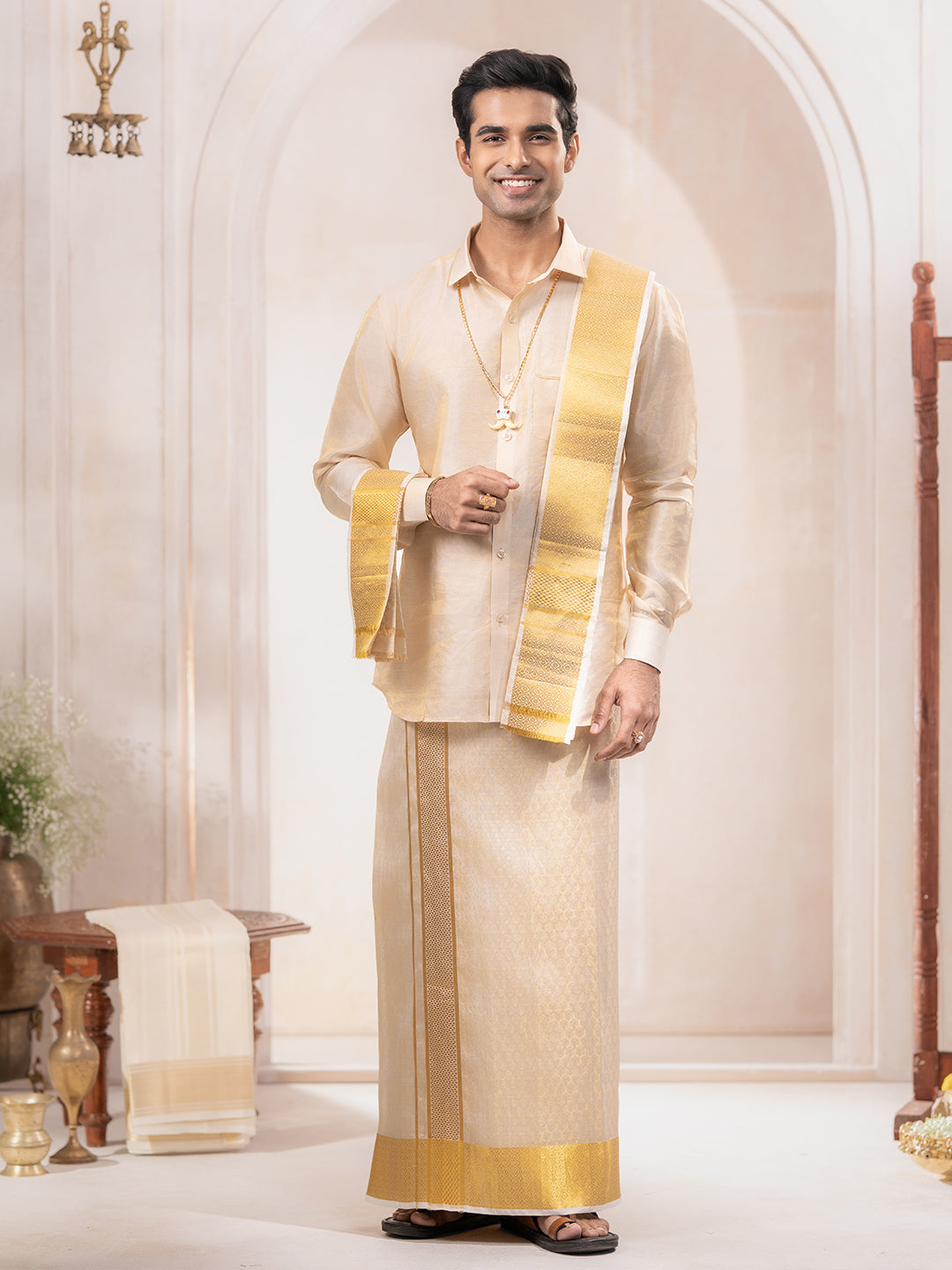 Pure Silk Embossed Tissue Jari Weaving Dhoti Shirting & Towel Set with 4" Jari Border – Rajahamsa