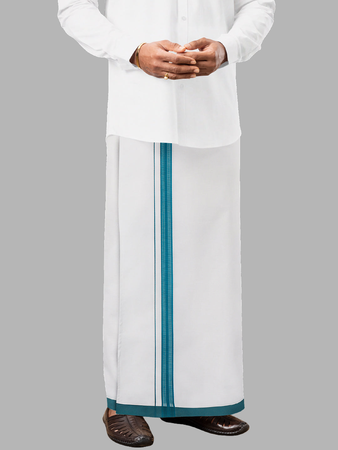 Men Blue Fancy Border Single Layer Adjustable Pocket Dhoti GACF17