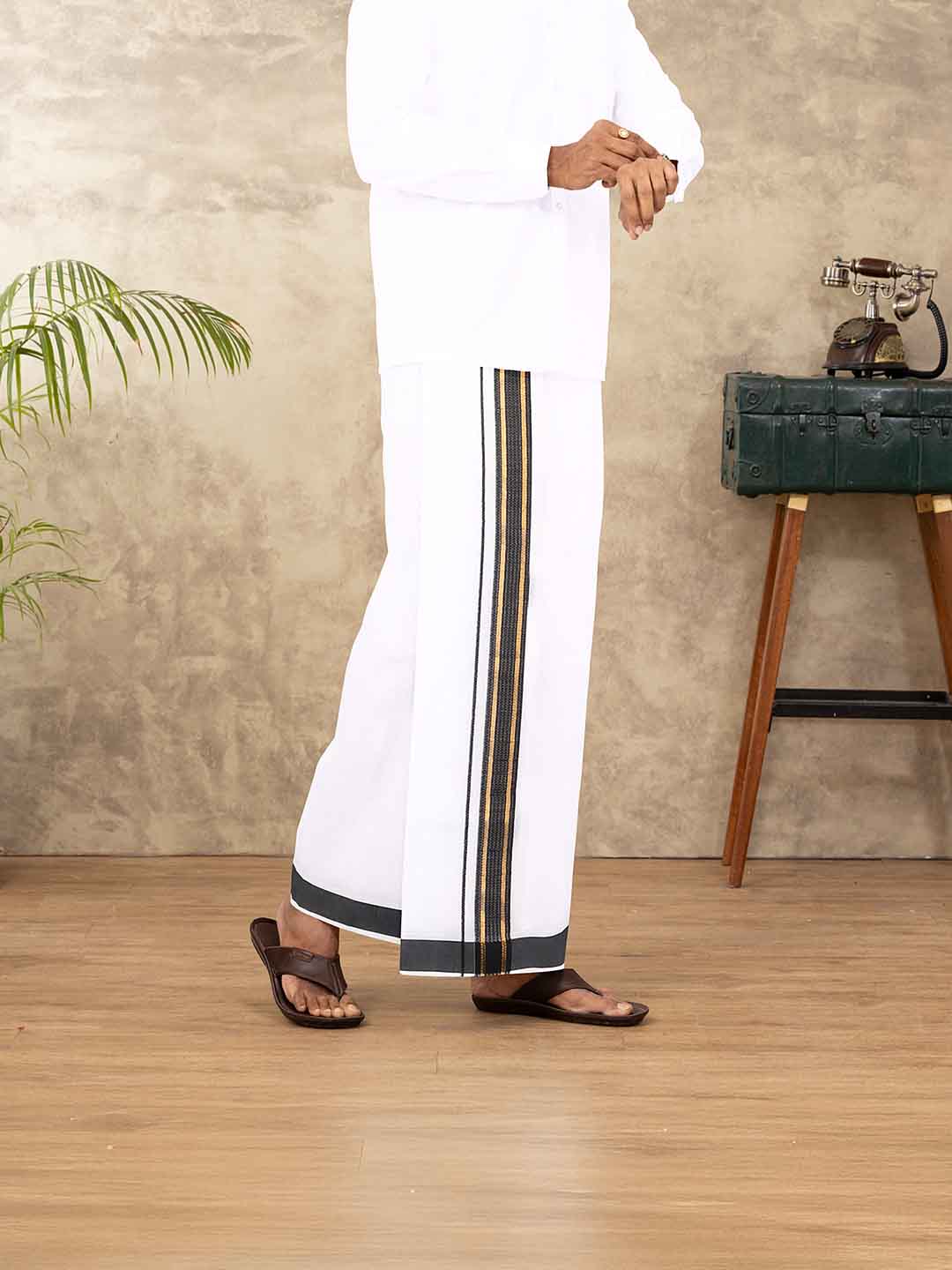 Men Cotton Blend Double Layer White Dhoti with Fancy Jari Border TGJF04