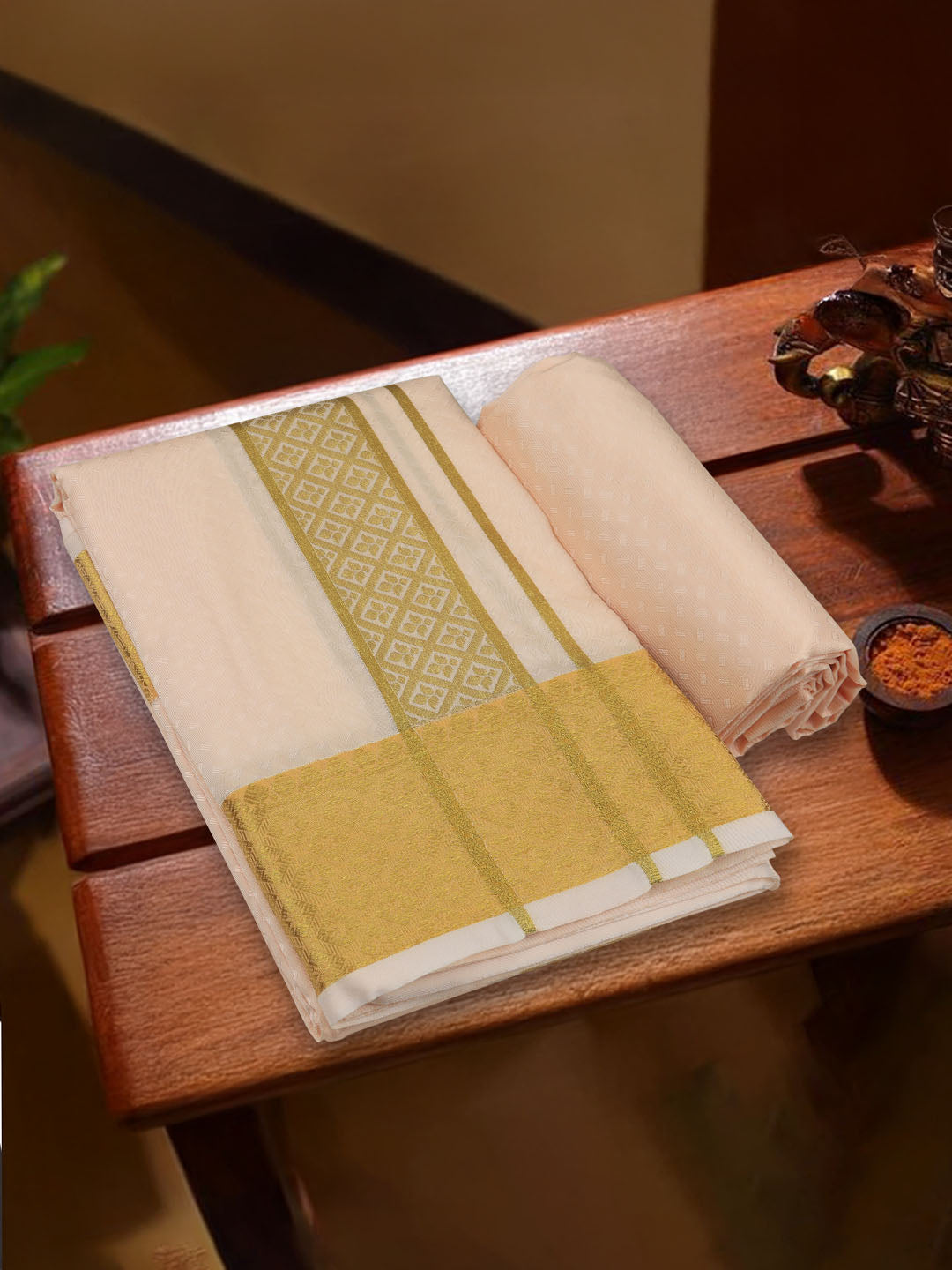 Men Art Silk Dhoti & Shirting Set Coral Mangalakara 140k (2 in 1) M33
