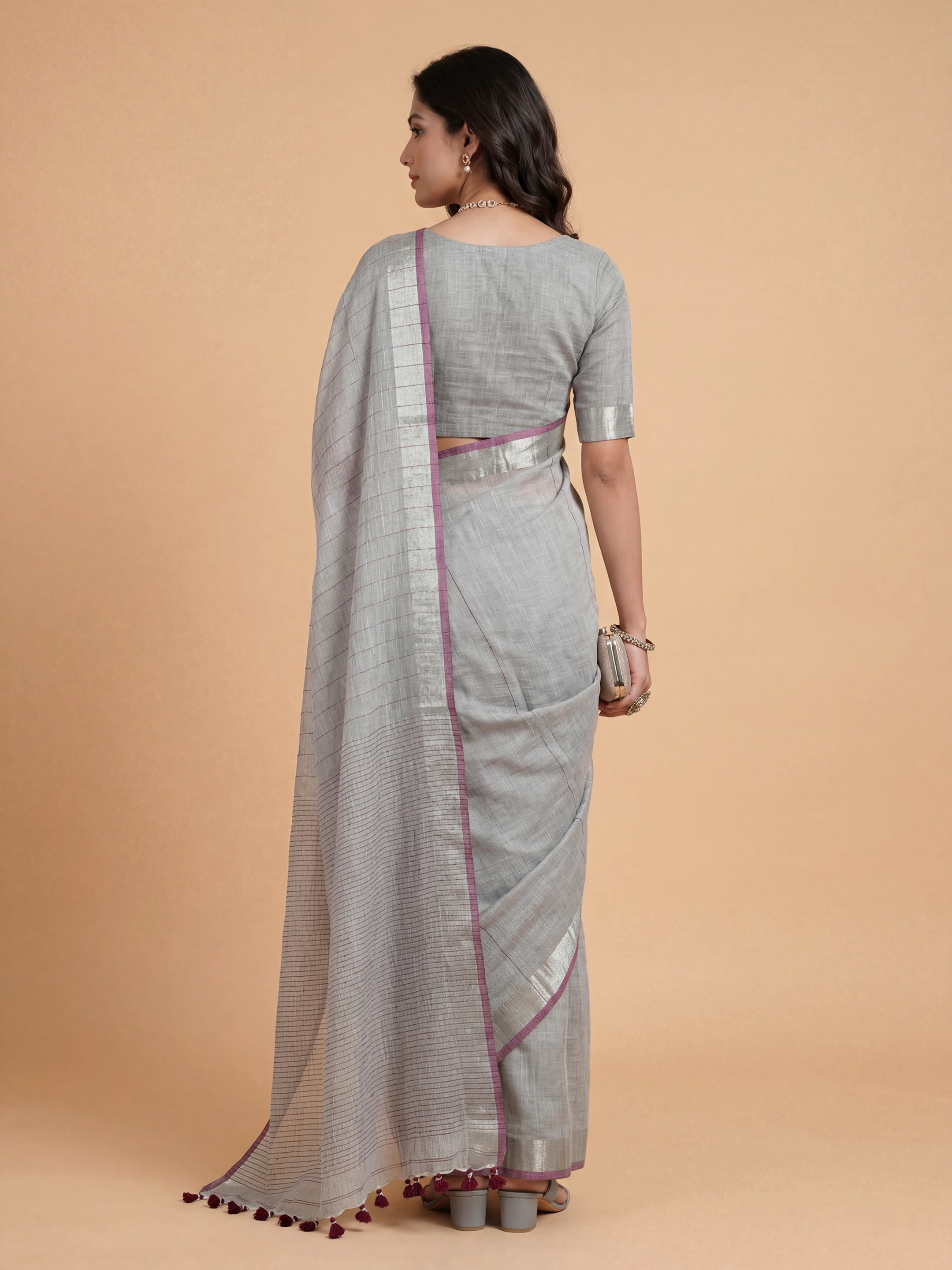 Women Semi Linen Grey Saree SL255