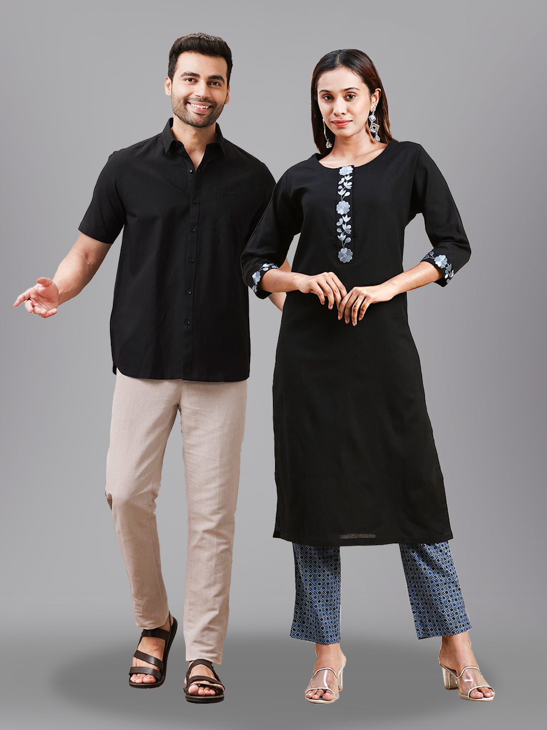 Couple Combo Black Shirt & Embroidery Kurti Set