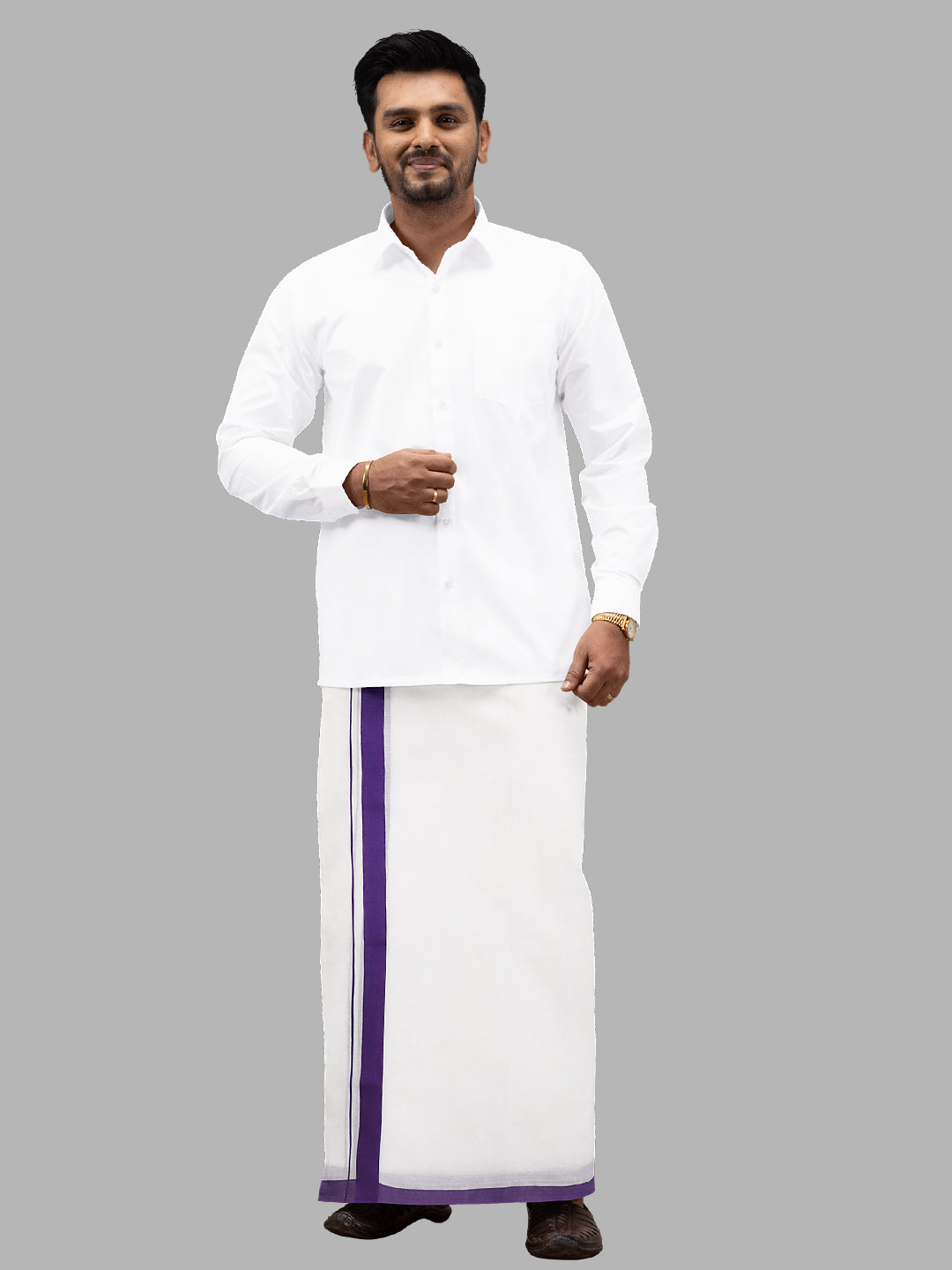 Men Violet Fancy Border Double Layer White Dhoti RS02